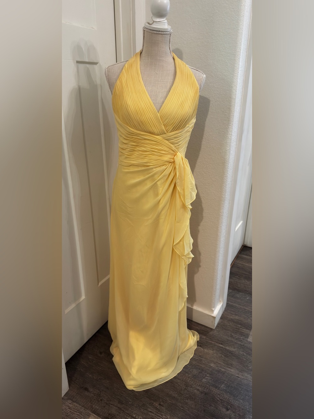 David's Bridal Butter Yellow Halter Cascade Gown 8